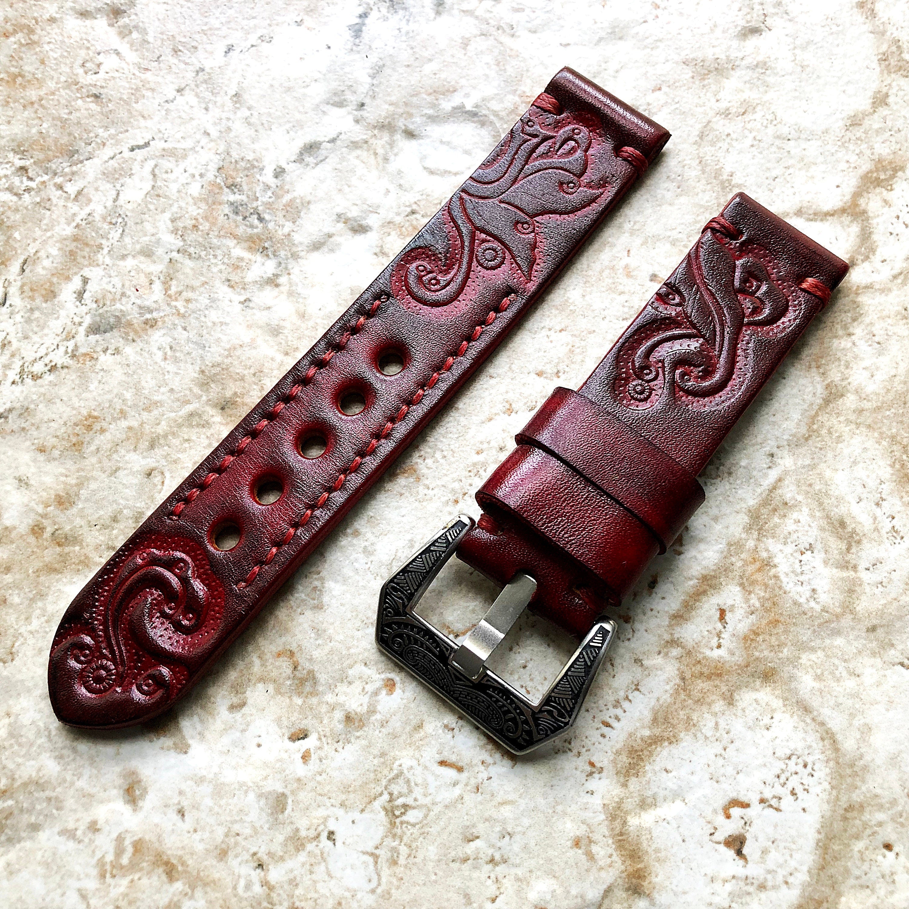 Burgundy Red Band 22mm 24mm 25mm Compatible with Apple Watch Fitbit Versa 2 3 4 Sense 2 Ionic Tooled Embossed Real Leather Strap